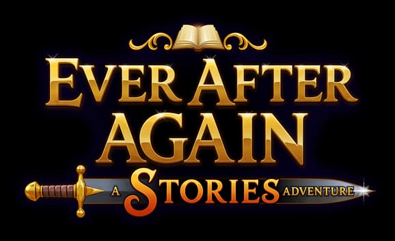 Ever After Again: Beveled gold serif letters with sparkle highlights and sword underline.