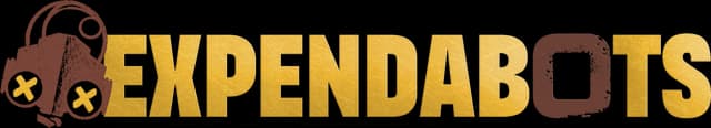 Expendabots: Bold metallic gold 3D block letters with worn edges and dark shading.