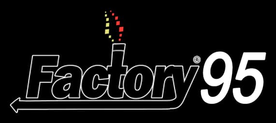 Factory 95: Bold italic font with red and yellow flame above the 'i'.