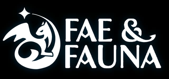 Fae & Fauna: Bold rounded lettering with teal outline, plus crescent dragon emblem and star.