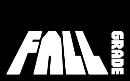 Fallgrade: Bold block letters in steep perspective, white with subtle scanline cuts.