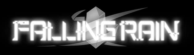 Falling Rain: Glowing sci-fi stencil lettering with a sharp crystal shard overlay.