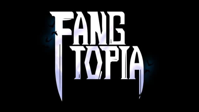 Stylized angular font with fang-like extensions, accented by shadowy bats.