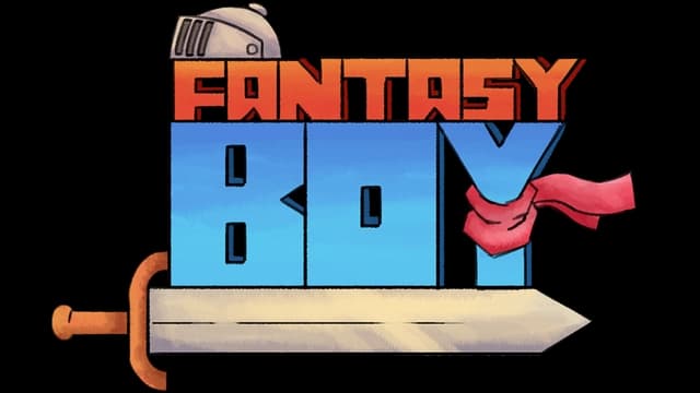 Stylized blocky font with a sword and helmet, red scarf accent.