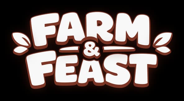Farm & Feast: Bold rounded lettering with thick outline, curved layout, leaf accents.