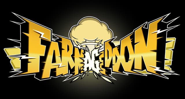 Farmageddon: Bold yellow comic-style letters with 3D tilt and explosive center burst.