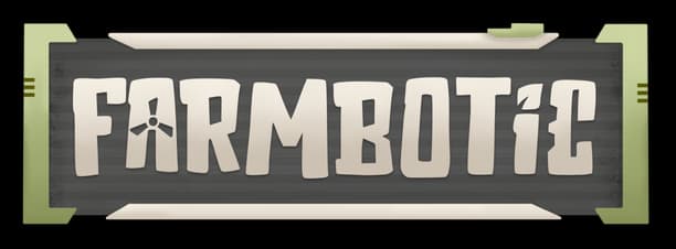 Farmbotic: Bold blocky sci-fi letters on a metal nameplate with beveled edges.