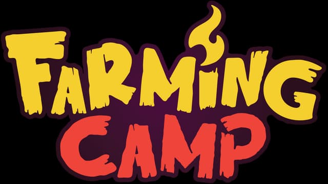 Farming Camp: Bold hand-drawn chunky letters, thick outline, flame accent above I.