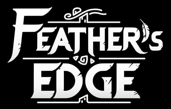 Feather’s Edge: Bold chiseled serif text, stacked, with feather slash accent and dividers.