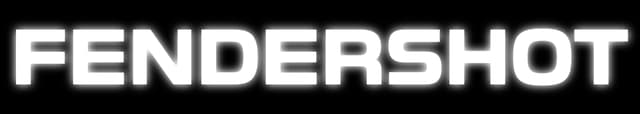 FENDERSHOT: Bold rounded block letters with thick outline and subtle 3D depth.