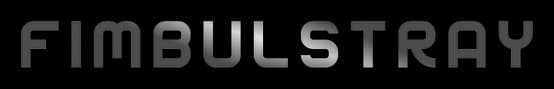 Fimbulstray: Bold futuristic block letters with inset linework and grunge texture.