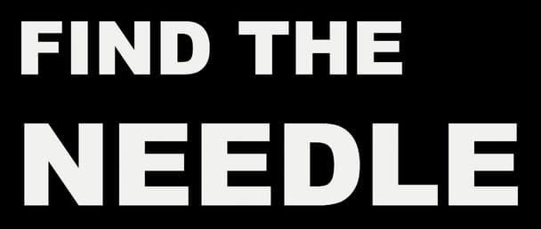 Find The Needle: Bold all-caps sans serif, stacked layout, clean flat styling.
