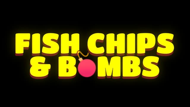 Bold, rounded yellow font with playful bomb illustration.