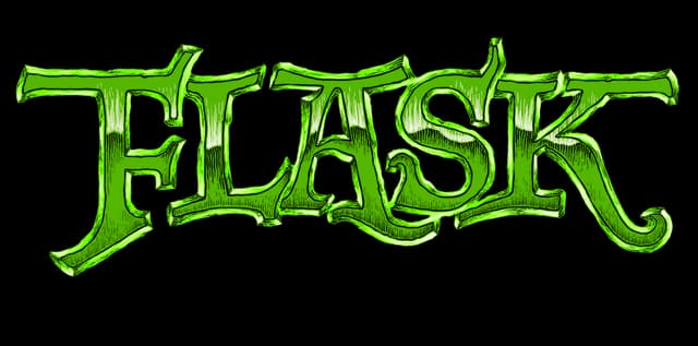 FLASK: Jagged gothic lettering with neon-green glow, beveled edges, inked shading.