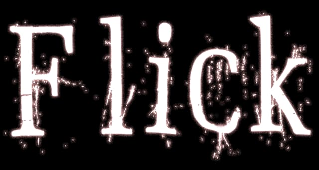 Flick: Distressed serif letters with rough speckled edges and uneven ink effect.