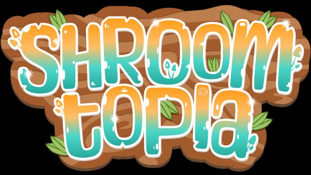Playful font with gradient blue-to-orange hues, leafy accents, and mushrooms growing around.