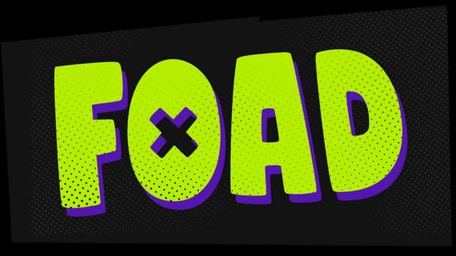 Comic halftone style with bold, blocky green letters and purple shadows.