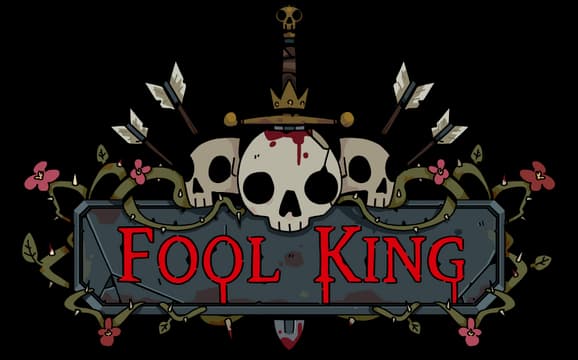 Fool King: Dripping red serif letters over skull-and-sword crest, stone plaque frame.