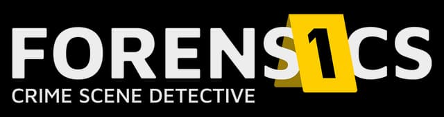 Forensics: Bold distressed sans-serif with a tilted yellow evidence tag “1” overlay.