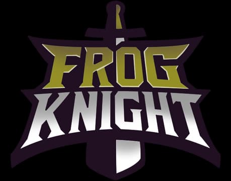 Frog Knight: Bold, angular font atop a sword silhouette, gradient green to white.