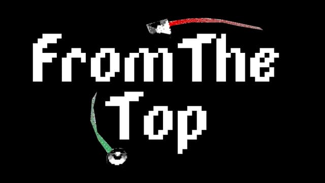Pixelated block font with red and green spinning top elements looping around text.