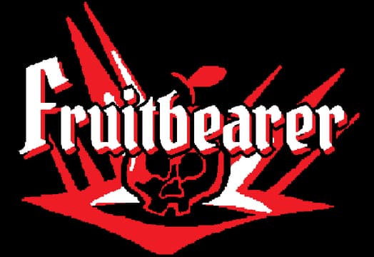 Fruitbearer: Gothic serif wordmark with red slash accents and cracked apple icon.