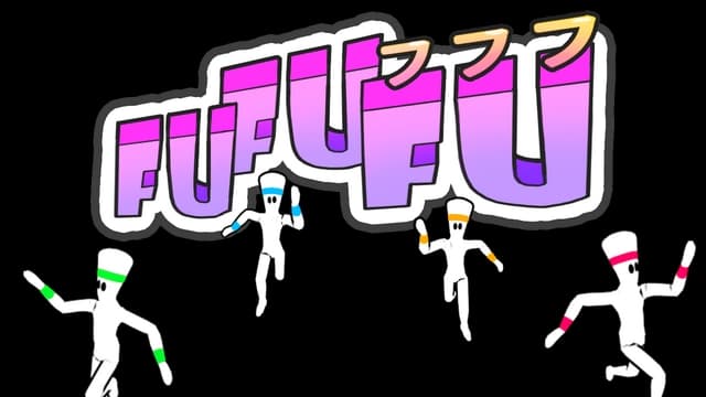 Purple bold blocky text with colorful figures running in headbands.