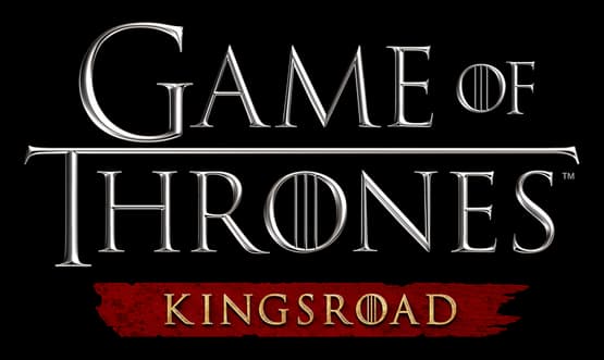 Game of Thrones Kingsroad: Silver beveled serif wordmark with red brushstroke banner.