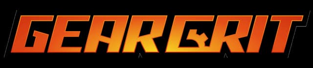GearGrit: Slanted bold block letters, orange gradient, sharp cutouts, heavy outline.