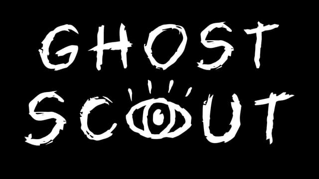 Ghost Scout: Rough brush-stroke lettering, uneven edges, eye icon in the O with rays.