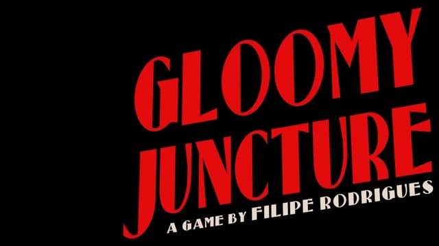 Red uppercase font, slanted and elongated; evokes noir style.