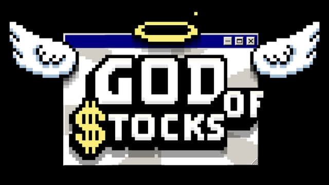God of Stocks: Bold pixel font with winged window frame, halo, and dollar icon.