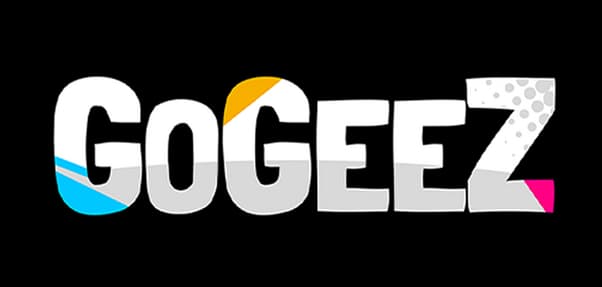 GoGeez: Bold rounded 3D letters with glossy highlights, color-slice accents and dots.