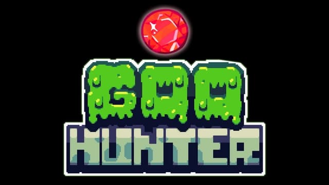 “Goo” text in slime-drip style, pixelated block “Hunter,” red gem above.