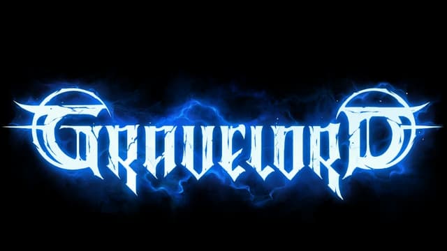 Gothic font with sharp edges, glowing blue mist, circular accents.