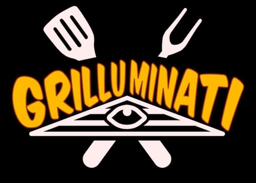 Grilluminati: Bold arched cartoon lettering with thick outline over crossed utensils icon.