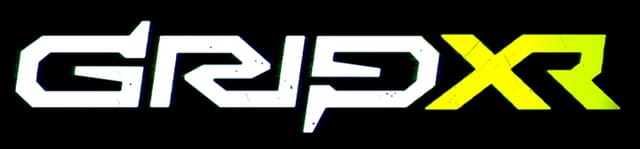 GRIP XR: Slanted angular lettering with neon blue glow and glitchy green edging.