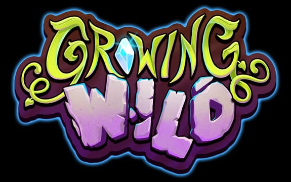 Growing Wild: Curly vine-like lime lettering over chunky purple stone text, bold outline.
