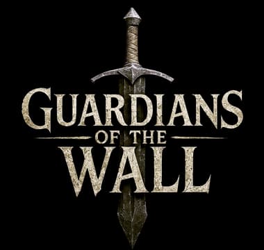 Guardians of the Wall: Weathered serif letters with centered sword and metal sheen.