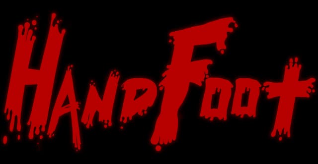 HandFoot: Dripping blood-red graffiti script with thick outline and ragged edges.
