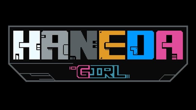 Pixelated, blocky font with multicolored letters and tech-inspired details.