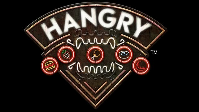 Bold, curved text with neon food icons and jagged teeth design.