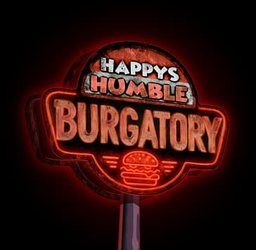 Happy’s Humble BURGATORY: 3D neon diner sign lettering with glow and burger icon.