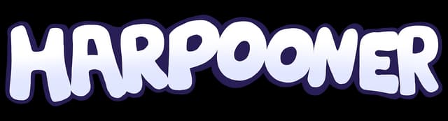 Harpooner: Chunky rounded white letters with bold purple outline and shadow effect.