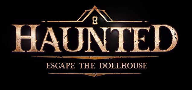 HAUNTED: cracked gold serif letters in plaque frame with keyhole crest and tagline.