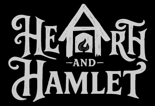 Hearth and Hamlet: Rustic serif lettering with house-roof icon and glowing flame inset.