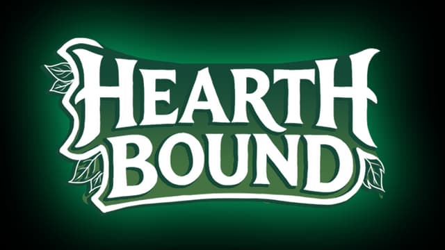Hearth Bound: Bold curved serif lettering with thick outline and leaf flourishes.