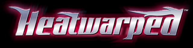 Heatwarped: Metallic italic wordmark with sharp serifs and red speed-streak swoosh.