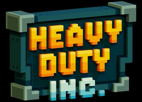 Heavy Duty Inc.: Chunky 3D pixel font on a bolted metal sign with drop shadow.