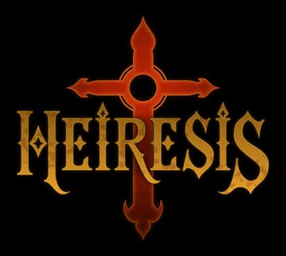 HEIRESIS: Ornate gold serif lettering with bevel and shadow, over fiery cross emblem.